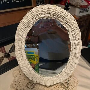 Vintage Small White Wicker Oval Mirror Shabby Chic 9x11